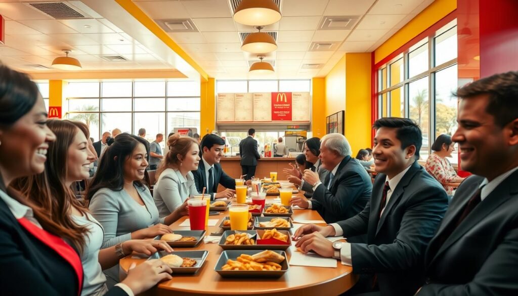 A bustling McDonald's restaurant during lunch hour, capturing the lively atmosphere. In the foreground, a diverse group of professionals in business attire, enjoying their meals at a round table, with trays of burgers, fries, and soft drinks. In the middle, the vibrant restaurant interior is filled with bright yellow and red decor, highlighting the brand's identity. Employees behind the counter are serving customers, adding to the busy yet welcoming vibe. In the background, large windows showcase a sunny day outside, casting warm, inviting light into the space. The angle is slightly elevated, giving a comprehensive view of the social interactions and the dynamic lunch environment, conveying a sense of community and joy.