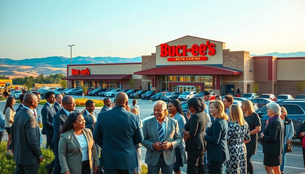 A bustling community gathered outside a newly constructed Buc-ee's in Virginia, showcasing its vibrant design with large, inviting signage and colorful landscaping. In the foreground, a diverse group of individuals in professional business attire, including men and women of various ethnicities, engage in conversation, symbolizing community engagement and economic opportunity. The middle ground features the expansive parking lot filled with cars, demonstrating the high traffic and interest in the venue. In the background, rolling hills and blue skies create a calm atmosphere, with subtle sunlight illuminating the scene, enhancing the sense of optimism and growth. The composition captures a lively yet professional ambiance, celebrating the economic benefits of the expansion while promoting community spirit.