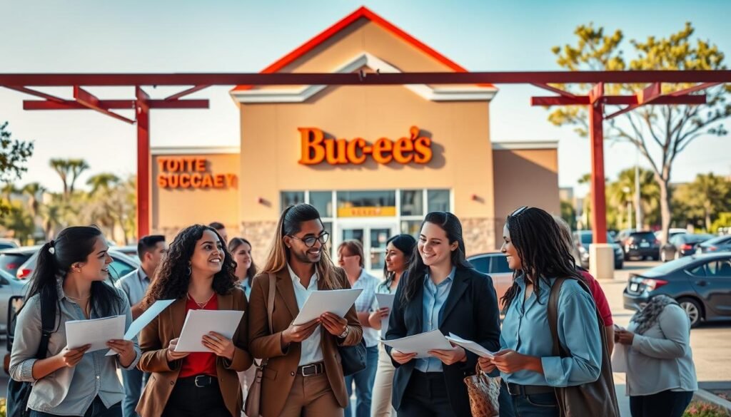 A bustling retail store scene in Murfreesboro, TN, highlighting employment opportunities. In the foreground, a diverse group of job seekers wearing professional attire is engaged in a lively conversation, holding resumes and job applications. The middle ground features a bright and inviting Buc-ee’s store entrance, showcasing its iconic signage and vibrant colors. The background captures a sunny day with a clear blue sky, surrounding trees, and busy parking lot filled with vehicles. Soft, natural lighting enhances the cheerful atmosphere, emphasizing a sense of community and excitement for local job opportunities. The overall mood is optimistic and energetic, reflecting the potential for employment growth in the area.