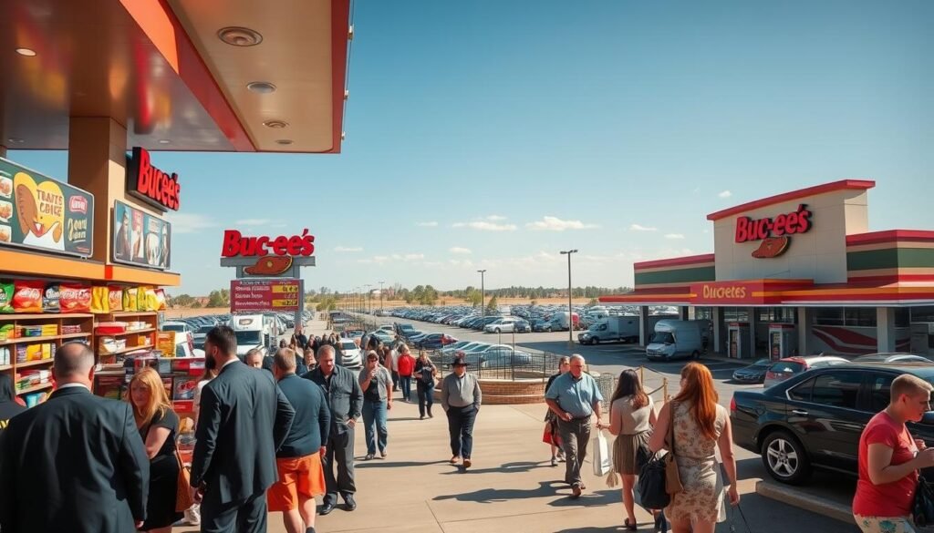 A bustling travel center scene, showcasing a large Buc-ee's location. In the foreground, a diverse group of people in professional business attire and casual wear explore the extensive variety of snacks and branded merchandise. The middle ground features the iconic beaver mascot, vibrant signage, and rows of shiny gas pumps. A vast parking lot filled with cars and RVs is visible in the background under a bright blue sky. The lighting is warm and inviting, casting a relaxed atmosphere. Use a wide-angle lens to capture the scale of the travel center, emphasizing the large building’s colorful façade and outdoor seating areas, inviting travelers to take a break and enjoy the experience.