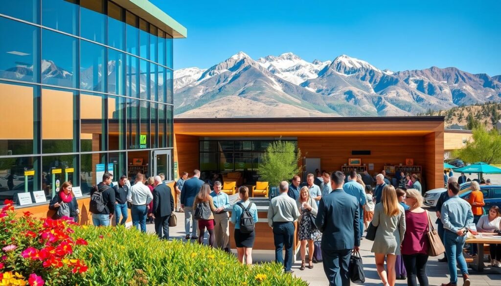 A bustling travel center set in a picturesque Colorado landscape, showcasing a modern, welcoming building with large glass windows reflecting the peaks of the Rocky Mountains in the background. In the foreground, a diverse group of travelers dressed in professional business attire and casual clothing interacts at a well-organized information desk, with friendly staff ready to assist. Vibrant greenery and colorful flowers surround the travel center, while a clear blue sky adds to the inviting atmosphere. The lighting is bright and cheerful, capturing the warmth of a sunny day. The angle is slightly elevated, providing a comprehensive view of the center's amenities, including resting areas and dining options, all designed to emphasize convenience and comfort for travelers.
