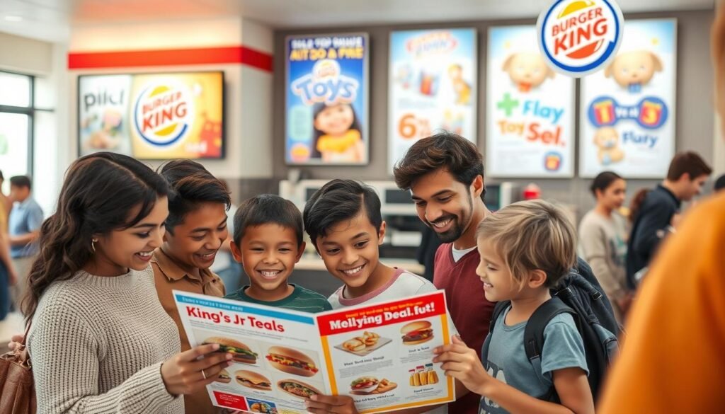 A busy Burger King restaurant scene during daylight, showcasing a diverse group of people happily discussing meal promotions. In the foreground, a family of four, dressed in casual, comfortable clothing, is looking at a colorful promotional flyer that highlights the King's Jr. meal deals. The middle ground includes a friendly employee behind the counter, wearing a neat uniform, ready to assist customers. In the background, bright promotional posters featuring various kids' toys are visible. Soft, natural lighting fills the space, creating a warm atmosphere. The camera angle captures the action from a slightly elevated perspective, emphasizing the lively interaction between customers and friendly staff while avoiding any distractions or interruptions. A busy Burger King restaurant scene during daylight, showcasing a diverse group of people happily discussing meal promotions. In the foreground, a family of four, dressed in casual, comfortable clothing, is looking at a colorful promotional flyer that highlights the King's Jr. meal deals. The middle ground includes a friendly employee behind the counter, wearing a neat uniform, ready to assist customers. In the background, bright promotional posters featuring various kids' toys are visible. Soft, natural lighting fills the space, creating a warm atmosphere. The camera angle captures the action from a slightly elevated perspective, emphasizing the lively interaction between customers and friendly staff while avoiding any distractions or interruptions.