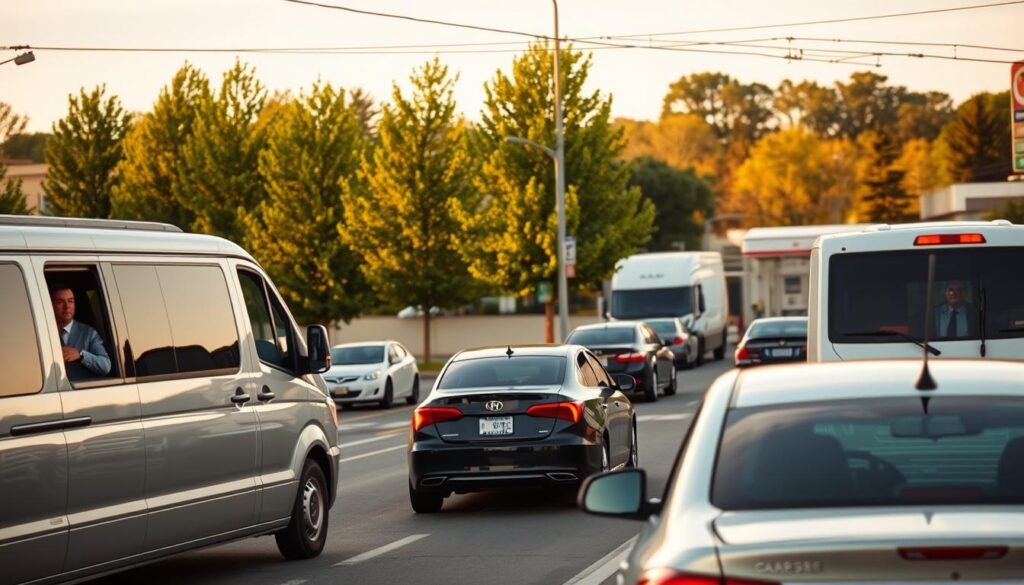 A busy scene of Oak Creek traffic, showcasing a bustling two-lane road with various vehicles such as cars and trucks. In the foreground, a light rail crossing signals a moment of pause in the flow of cars, with a few drivers looking out of their windows, dressed in professional business attire. The middle ground features a few tall green trees lining the road, creating a natural boundary, while a modern gas station can be seen in the background, hinting at community business life. The lighting is warm and inviting, simulating early evening with the sun setting low. The angle captures the lively atmosphere, emphasizing the interconnectivity of the community with the infrastructure. The mood conveys a sense of local activity and engagement without distractions.