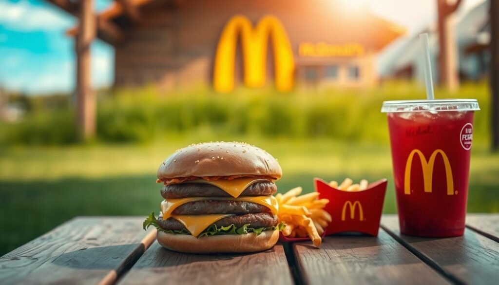 A captivating image of a McDonald's meal deal prominently displayed on a wooden picnic table. In the foreground, showcase a vibrant Big Mac burger with a glossy bun, crispy fries in a red container, and a cold soft drink with condensation. In the middle, artistic blur effects highlight a rustic setting with green grass and a bright blue sky, suggesting an outdoor picnic. In the background, soft focus on a distant McDonald's restaurant with its iconic golden arches, adding context. Warm, soft lighting creates an inviting atmosphere, evoking nostalgia and contentment associated with dining out. The scene should capture the essence of a popular meal deal, stirring feelings of joy and community. No people are present in the image to maintain focus on the meal deal. A captivating image of a McDonald's meal deal prominently displayed on a wooden picnic table. In the foreground, showcase a vibrant Big Mac burger with a glossy bun, crispy fries in a red container, and a cold soft drink with condensation. In the middle, artistic blur effects highlight a rustic setting with green grass and a bright blue sky, suggesting an outdoor picnic. In the background, soft focus on a distant McDonald's restaurant with its iconic golden arches, adding context. Warm, soft lighting creates an inviting atmosphere, evoking nostalgia and contentment associated with dining out. The scene should capture the essence of a popular meal deal, stirring feelings of joy and community. No people are present in the image to maintain focus on the meal deal.