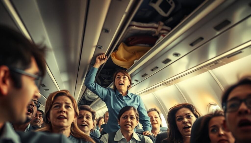 A chaotic in-flight scene depicting a disturbance on an airplane. In the foreground, a diverse group of passengers, all dressed in professional business attire, displaying expressions of surprise and concern. The middle section features a flight attendant maintaining composure while providing assistance, with a background showing an overhead luggage compartment slightly ajar and items spilling out. The cabin interior is illuminated by soft, diffuse overhead lighting, casting reflections on metal surfaces. The image captures a sense of heightened tension, with the camera angle angled slightly upwards to convey the urgency of the moment. Through the small airplane windows, clouds and sky are visible, hinting at altitude. The overall atmosphere is frenetic yet controlled, encapsulating the essence of in-flight disturbance.