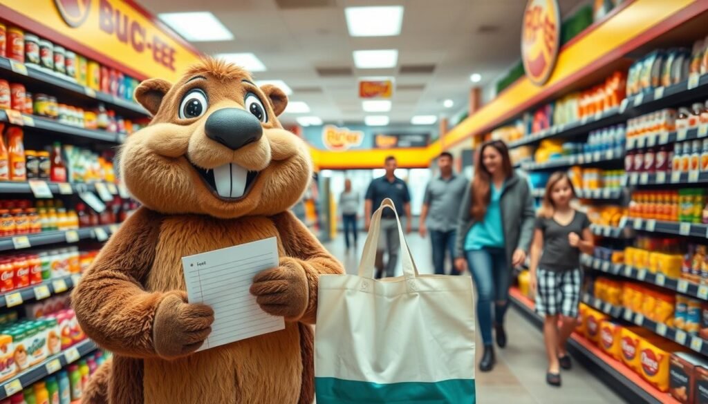 A cheerful anthropomorphic beaver mascot, resembling Buc-ee's iconic character, stands in a vibrant, bustling convenience store. In the foreground, the beaver holds a shopping list and a reusable shopping bag, both colorful and fun. The middle ground features well-stocked shelves brimming with snacks, drinks, and souvenirs, organized neatly for easy browsing. The background shows happy shoppers, including a family in casual attire, engaged in a pleasant shopping experience. Soft, warm lighting creates an inviting atmosphere, while a wide-angle lens captures the store's lively ambiance. Emphasize a sense of community and enjoyment, highlighting tips for a smooth shopping experience, all while maintaining a clean and friendly aesthetic.