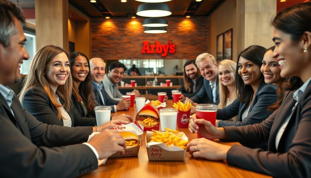 A cheerful, diverse group of people in professional business attire gathered around an inviting wooden table in a cozy Arby's restaurant, sharing feedback amidst colorful Arby’s menu items like the classic roast beef sandwich and crispy fries. The foreground features a close-up of smiling individuals engaging in lively conversation, conveying a sense of collaboration and satisfaction. In the middle, the table is adorned with Arby’s food and drinks, attracting attention with their vibrant colors. The background shows warm, soft lighting that creates a welcoming atmosphere, enhancing the feeling of community. The angle is slightly elevated, offering a comprehensive view of the participants and their interactions, promoting an optimistic mood that reflects the essence of happy feedback and improvement.