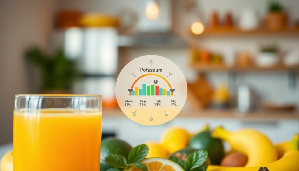 A close-up, artistic representation of a vitamin and potassium micronutrient profile showcased in a visually appealing infographic format. In the foreground, a transparent glass of fresh orange juice, surrounded by vibrant fruits like bananas and avocados, symbolizing high potassium content. In the middle, a detailed, colorful diagram illustrating the micronutrient profile, highlighting vitamin and potassium levels with soft, elegant arrows and icons. The background features a softly blurred kitchen environment with warm, inviting lighting that evokes a healthy lifestyle. The overall mood is bright and educational, with a focus on nutrition and balance, creating an atmosphere of wellness and health awareness. The composition is clear, without any text or distractions, emphasizing the importance of micronutrients.