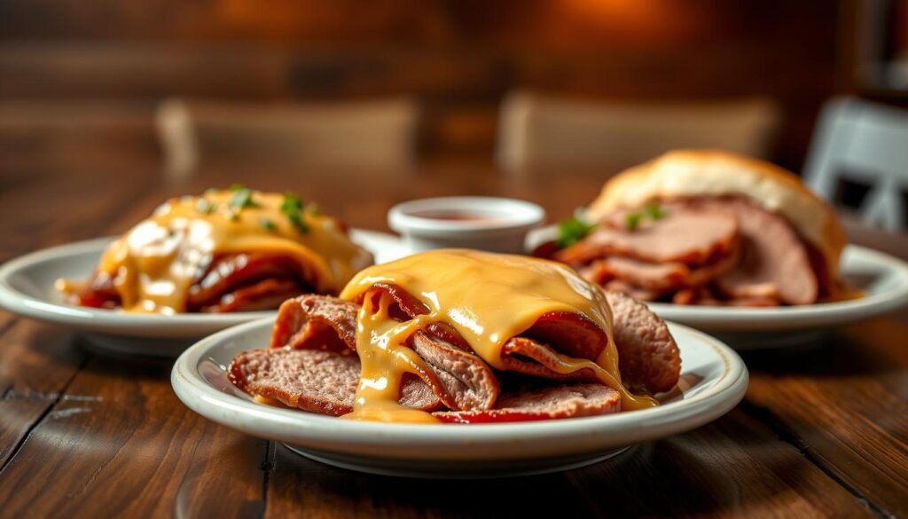 A close-up comparison shot of two plates of roast beef and cheddar sandwiches, highlighting the difference in texture and color between traditional roast beef and Arby's Beef & Cheddar. In the foreground, focus on a perfectly sliced roast beef with a glossy sheen, accompanied by melted cheddar cheese, drizzled with a tangy sauce. The middle layer features a contrasting plate with classic roast beef slices, garnished with fresh herbs and a side of dipping sauce. The background is subtly blurred, showcasing a rustic wooden table and warm, ambient lighting to evoke a cozy dining atmosphere. The angle is slightly above the plates, creating a mouthwatering perspective that invites the viewer to appreciate the delicious details.