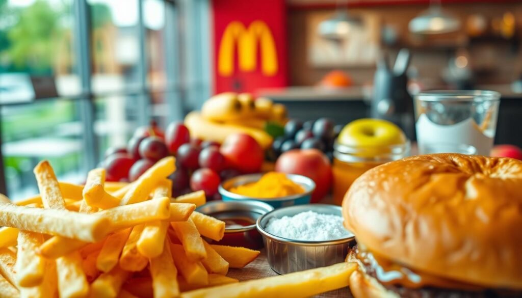 A close-up composition focused on a variety of colorful, visually appealing carbohydrate-rich foods and sugary snacks to illustrate the section on "Carbohydrates and Sugar in Your Meal." In the foreground, showcase fresh, golden French fries and a warm, soft hamburger bun. In the middle layer, include a selection of vibrant fruits like bananas, grapes, and apples next to small bowls filled with granulated sugar and honey. The background should feature a soft-focus image of a McDonald's restaurant setting, hinting at the dining experience. Use bright, natural lighting to create an inviting atmosphere, emphasizing the textures and colors of the foods. Capture the scene from a slightly elevated angle, providing a top-down view that highlights the arrangement and variety of carbohydrates and sugars, conveying a sense of abundance and delight. A close-up composition focused on a variety of colorful, visually appealing carbohydrate-rich foods and sugary snacks to illustrate the section on "Carbohydrates and Sugar in Your Meal." In the foreground, showcase fresh, golden French fries and a warm, soft hamburger bun. In the middle layer, include a selection of vibrant fruits like bananas, grapes, and apples next to small bowls filled with granulated sugar and honey. The background should feature a soft-focus image of a McDonald's restaurant setting, hinting at the dining experience. Use bright, natural lighting to create an inviting atmosphere, emphasizing the textures and colors of the foods. Capture the scene from a slightly elevated angle, providing a top-down view that highlights the arrangement and variety of carbohydrates and sugars, conveying a sense of abundance and delight.