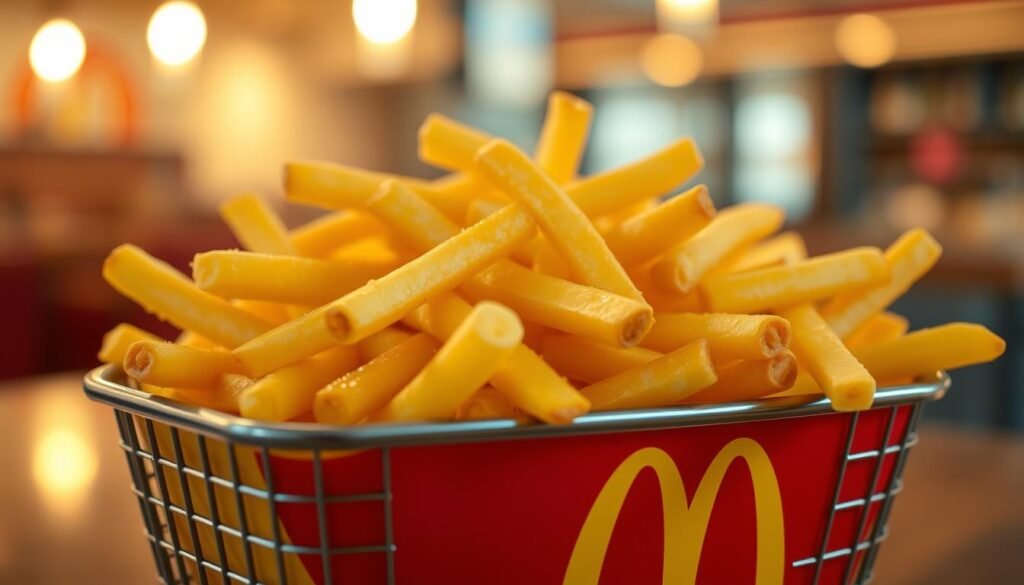 A close-up image of a McDonald's basket of golden, crispy fries, arranged neatly and overflowing from a red-and-yellow branded basket. The fries are glistening with a light sheen, showcasing their texture and perfectly fried appearance. The background is softly blurred, featuring a subtle hint of the McDonald's restaurant interior with warm, inviting lighting to create a cozy atmosphere. The scene is captured from a slightly elevated angle, emphasizing the abundance and appetizing appeal of the fries. Natural lighting highlights the golden hues, while shadows add depth to the basket. The overall mood conveys indulgence and a sense of comfort, inviting viewers to appreciate the value and availability of this iconic snack.