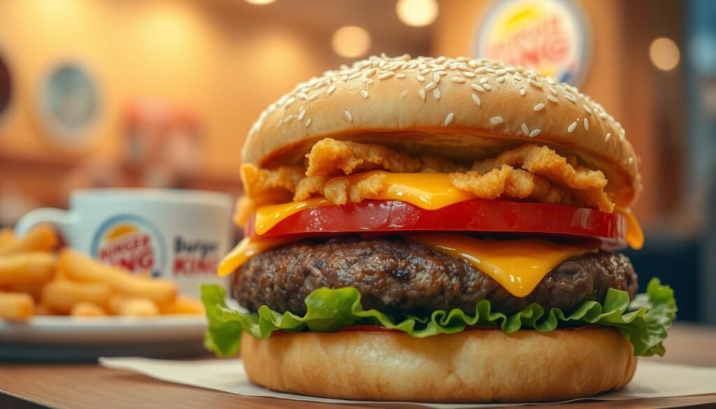 A close-up image of a delectable cheddar hash Whopper, featuring a juicy beef patty layered with crispy golden hash browns and melted cheddar cheese, all nestled in a lightly toasted sesame seed bun. The foreground showcases the burger, glistening with fresh toppings like lettuce and tomato, with hash browns peeking out enticingly. In the middle, a cozy breakfast setting is visible, with a steaming cup of coffee and a side of crispy hash browns creating a warm, inviting vibe. The background includes a soft-focus Burger King restaurant interior, with warm lighting illuminating the scene. The angle captures the burger slightly from above, enhancing its layers and textures. The overall mood is cheerful and appetizing, evoking a sense of morning delight and comfort food satisfaction.
