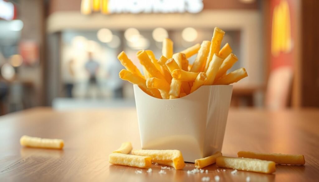 A close-up image of a small container of golden, crispy French fries, lightly salted and glistening under soft, warm lighting. The focus is on the fries in the foreground, showcasing their texture and steaming freshness, with a few scattered fries around the container. In the middle, a wooden table surface adds warmth and an inviting feel. The background features a softly blurred fast-food setting, with hints of a McDonald's exterior and soft, bokeh lighting that enhances the atmosphere. The overall mood is casual and appetizing, emphasizing portion control by highlighting the size of the small fry portion in contrast to a larger backdrop.