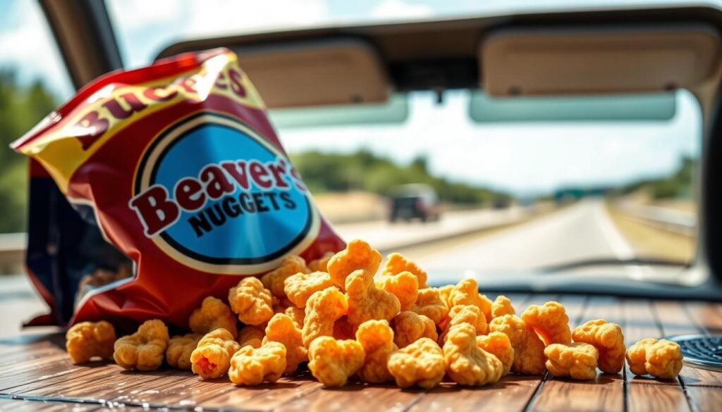 A close-up image of a vibrant assortment of beaver nuggets, showcasing their unique shape and golden-brown color, arranged artistically on a rustic wooden table. In the foreground, a handful of beaver nuggets spills out of a branded retro Buc-ee's bag, emphasizing their playful and indulgent nature. In the middle ground, a scenic roadside backdrop hints at a sunny day, with a blurred image of a highway and green trees, suggesting a fun road trip atmosphere. Soft, natural lighting highlights the texture of the nuggets while casting gentle shadows. The overall mood is cheerful and inviting, capturing the essence of a delightful snack perfect for travel adventures.