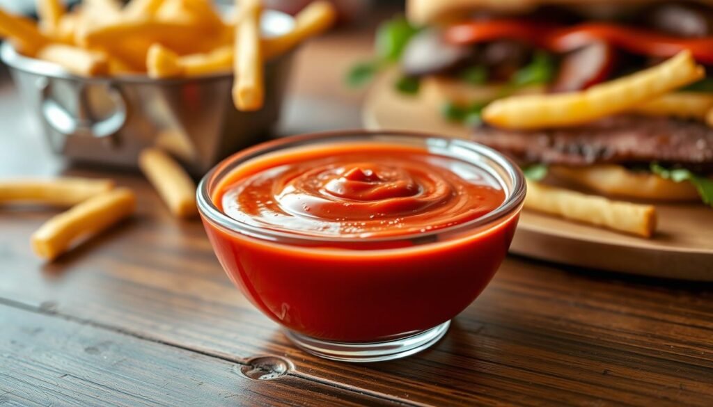 A close-up image of a vibrant red ranch sauce, presented in a small, elegant dipping bowl, sitting on a rustic wooden table. The sauce should have a glossy texture, with hints of spices and herbs visible, exuding a rich, appetizing aroma. In the background, softly blurred Arby's food items like crispy fries and a roast beef sandwich can be barely discerned, complementing the scene without overwhelming it. Warm, natural lighting enhances the deep red color of the sauce, casting gentle shadows for depth. The image captures a cozy, casual dining atmosphere, inviting the viewer to envision customizing flavors and enjoying the dipping experience. Aim for a high-resolution, professional-quality image that focuses on the sauce's enticing features.