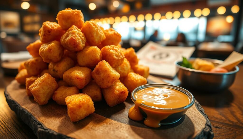 A close-up image of beautifully golden, crispy cheesy tots, piled high on a rustic wooden platter. The tots glisten with a light sheen of melted cheese, showcasing their delicious, savory texture. In the foreground, a few tots are artistically drizzled with a rich, creamy dipping sauce, highlighting their appealing crunch. In the middle, a backdrop of a casually set table with a soft-focus food menu and the warm glow of ambient restaurant lighting enhances the inviting atmosphere. The scene is framed at a slight overhead angle, evoking a sense of indulgence and comfort. The overall mood is relaxing and appetizing, perfect for illustrating the unique flavor profile of the tots.