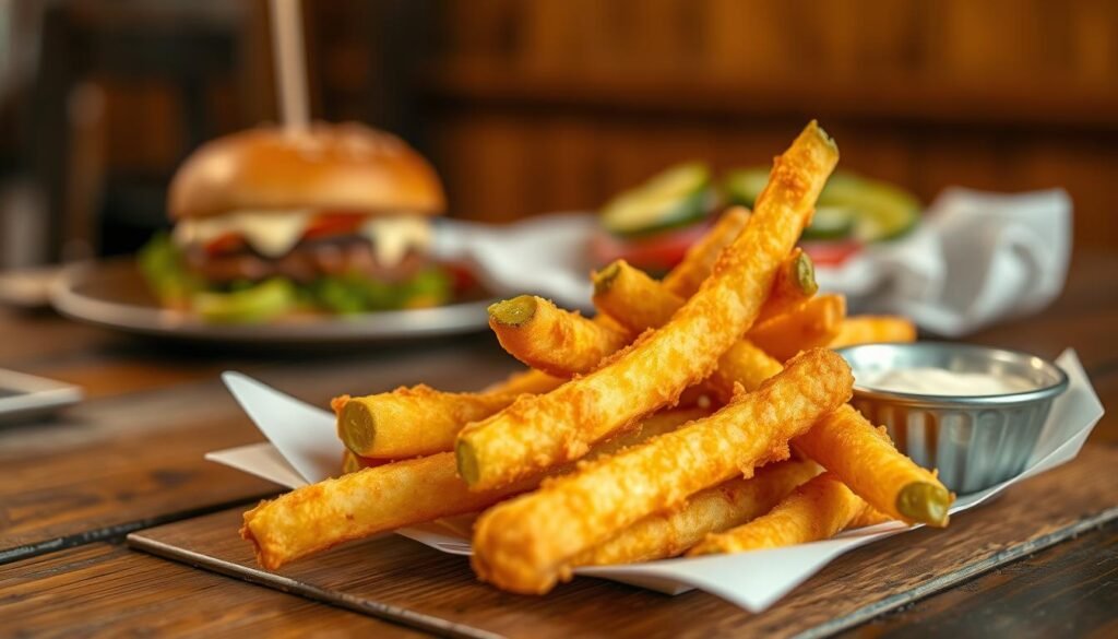 A close-up image of golden, crispy pickle fries served on a rustic wooden table. The pickle fries are perfectly battered, showing a tantalizing crunch, with some dipping sauce on the side. The vibrant green of the pickles peeks through the golden crust, enhancing their savory and tangy appeal. In the background, a soft-focus plate of a Fried Pickle Ranch Whopper is present, hinting at a comparison of the two dishes. Warm, inviting lighting casts a soft glow, accentuating the textures and colors of the food. The camera angle is slightly elevated to capture both the foreground and background elements enticingly. The atmosphere feels warm and inviting, perfect for showcasing these unique fast-food items.