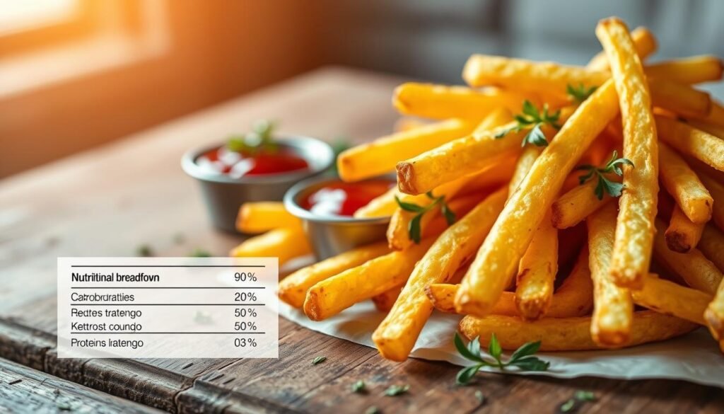 A close-up image of perfectly golden, crispy French fries arranged artfully on a rustic wooden table. In the foreground, a nutritional breakdown graphic is subtly integrated, showcasing labels for the macronutrient composition: carbohydrates, proteins, and fats, each represented with a small icon alongside accompanying percentages. The middle ground features a small dish of ketchup, hinting at a classic pairing, while fresh herbs sprinkle the scene for a pop of color. The background is softly blurred, with warm, natural lighting that enhances the appetizing look of the fries, evoking a sense of comfort and indulgence. The atmosphere is inviting and appealing, perfect for highlighting a beloved side dish.