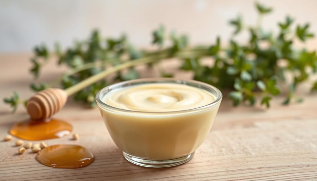 A close-up image showcasing the creamy texture of honey mustard sauce in a small, elegant glass bowl. The sauce should be thick and smooth, glistening under soft, natural lighting to highlight its velvety surface. In the foreground, focus on the bowl filled with the sauce, accentuated by a few scattered mustard seeds and a drizzle of honey beside it, adding a touch of color and interest. In the middle ground, include a rustic wooden table surface to enhance the organic feel of the ingredients. The background should be softly blurred, featuring hints of green herbs and a light pastel backdrop, creating a warm and inviting atmosphere. The overall mood is fresh, appetizing, and focused on texture.