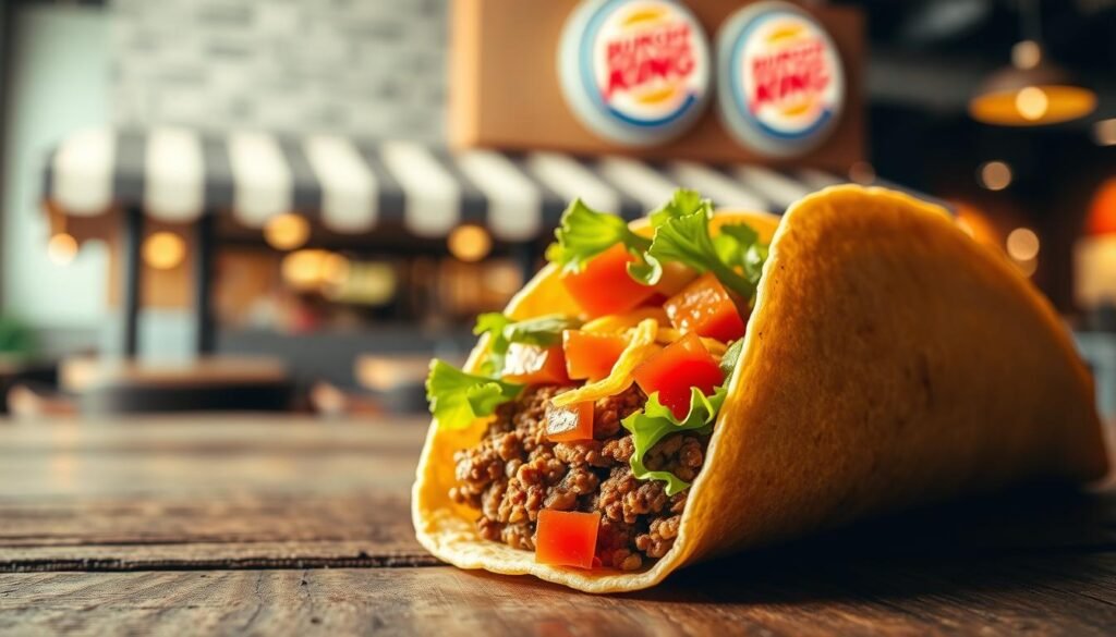 A close-up of a Burger King taco on a rustic wooden table, showcasing its layers. The taco is filled with seasoned ground beef, fresh lettuce, diced tomatoes, and shredded cheese, all wrapped in a crispy, lightly golden shell. In the foreground, highlight the taco's texture, focusing on the crunch of the shell and the colorful ingredients spilling out slightly. In the middle background, include a soft-focus image of a classic Burger King restaurant to provide context. The lighting is warm and inviting, creating a cozy atmosphere. Use a shallow depth of field to emphasize the taco, capturing the details of the ingredients clearly while the restaurant ambiance remains subtly blurred. The scene evokes a sense of indulgence and casual dining.