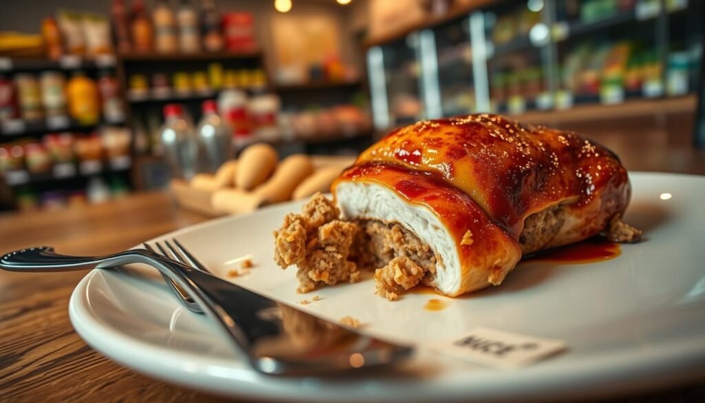 A close-up of a beautifully plated Buc-ee's stuffed chicken dish, showcasing the glistening, golden-brown exterior and visible, succulent fillings. In the foreground, include a fine dining fork and knife, elegantly positioned on a sophisticated white plate. The middle ground features a rustic wooden table adorned with a price tag subtly placed near the edge, emphasizing the theme of evaluating price. In the background, softly blurred, are shelves stocked with grocery items, hinting at availability. Use warm, inviting lighting that creates a cozy atmosphere, casting gentle shadows to enhance the textures of the food. The perspective should be slightly elevated, as if the viewer is seated at the table, capturing a sense of indulgence and anticipation.