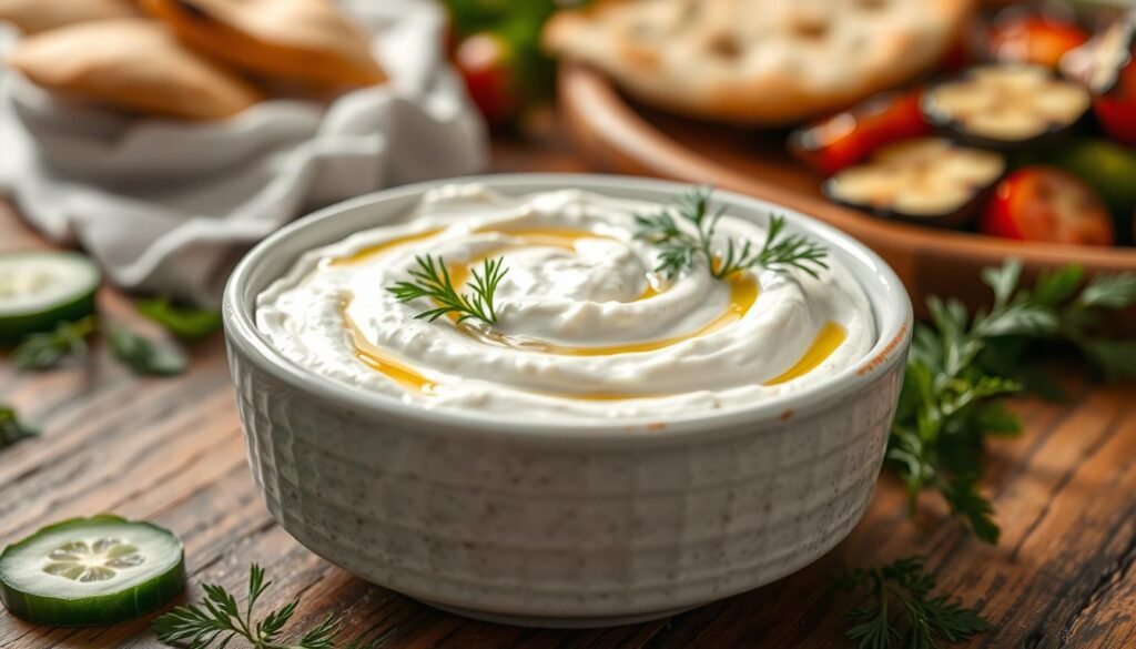 A close-up of a creamy, textured tzatziki sauce elegantly presented in a rustic white bowl, garnished with fresh dill and a drizzle of olive oil. The foreground features a wooden surface with scattered cucumber slices and mint leaves, adding freshness to the scene. In the middle, the bowl of tzatziki is the centerpiece, with light reflecting off the sauce, creating a subtle sheen that highlights its creamy consistency. In the background, softly blurred elements such as pita bread and grilled vegetables hint at a traditional Greek meal. The lighting is warm and inviting, suggesting a cozy dining experience. The overall mood is one of culinary delight and authenticity, capturing the essence of traditional Greek fare.