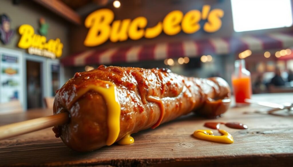 A close-up of a delicious Buc-ee's sausage on a stick, glistening with savory juices, with a perfectly charred exterior and a crispy texture. The foreground features the sausage prominently, skewered and placed on a rustic wooden table, with grill marks visible. In the middle ground, condiments like mustard and BBQ sauce are artfully drizzled, enhancing the image's richness. The background captures a blurred glimpse of a bustling Buc-ee's location, with colorful signage and soft, warm lighting, creating a vibrant and inviting atmosphere. The scene is shot from a slightly elevated angle, emphasizing the food as the star. The overall mood is cheerful and appetizing, highlighting the unique, fun experience of enjoying food on a stick.