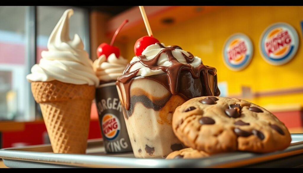 A close-up of a delicious array of Burger King desserts, featuring a rich, creamy soft-serve ice cream cone, a decadent chocolate sundae drizzled with fudge and topped with a cherry, and a warm chocolate chip cookie nestled on a tray. The scene is set in a vibrant Burger King restaurant interior, with bright colors and iconic branding in the background. Soft, warm lighting creates a welcoming atmosphere, casting gentle shadows that enhance the textures of the desserts. The camera angle is slightly tilted, capturing the richness of the desserts while inviting viewers to experience the delightful indulgence. The overall mood is cheerful and inviting, emphasizing the joy of treating oneself to these sweet offerings.