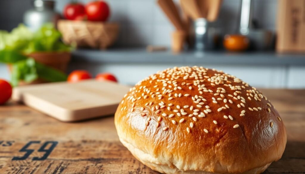 A close-up of a freshly baked sesame seed bun, its golden-brown crust glistening under soft, natural light. The bun's surface is dotted with shiny, toasted sesame seeds, highlighting its texture. In the foreground, the bun is placed on a rustic wooden table, adding a warm, inviting feel. In the middle ground, a blurred background features a casual kitchen setting with soft focus, suggesting a homey atmosphere. A few ingredients like ripe tomatoes and crisp lettuce can be seen peeking from the side, hinting at the possibilities of a delicious burger creation. The image conveys a sense of comfort and innovation, appealing to fans excited about creative burger concepts. The angle is slightly overhead, capturing the bun's rounded shape and intricate details.