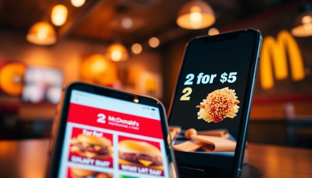 A close-up of a smartphone displaying the McDonald's app, prominently showcasing the "2 for $5" menu specials. The foreground features a sleek, modern smartphone with a colorful and engaging app interface, highlighted by vibrant images of delicious McDonald's items like burgers and fries. In the middle, a softly blurred table setting with a McDonald's drink and a tray, hinting at a lively fast-food environment. The background includes warm, inviting lighting reminiscent of a McDonald's restaurant, with abstract shapes of fast food paraphernalia subtly out of focus. The mood is cheerful and energetic, emphasizing savings and excitement in dining out. Capture the image with a slight tilt-angle for a dynamic perspective and warm tones to create a friendly atmosphere.