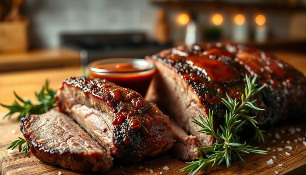 A close-up of a succulent brisket with a beautifully rendered fat cap, glistening with moisture and seasonings, showcasing its rich textures. The foreground features the brisket resting on a wooden cutting board, surrounded by fresh herbs like rosemary and thyme, and a sprinkle of coarse sea salt for added detail. In the middle, a small bowl of homemade barbecue sauce reflects light, enhancing the savory atmosphere. The background consists of a softly focused kitchen with warm, inviting lighting, evoking a cozy home cooking vibe. Use a shallow depth of field to emphasize the brisket while subtly blurring the background. The overall mood should convey warmth, comfort, and the mouthwatering anticipation of a delicious homemade meal.