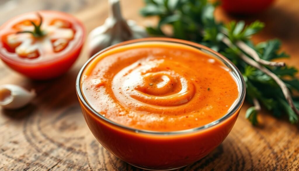 A close-up of a vibrant bowl of red ranch sauce, placed in the foreground with a textured wooden surface beneath. The sauce is thick and glossy, exhibiting a rich red hue with visible flecks of spices and herbs, subtly glistening under warm, soft kitchen lighting that highlights its fresh, appetizing texture. In the middle background, a few ingredients like a sliced tomato, garlic cloves, and herbs are arranged artfully, suggesting the sauce's components. The overall mood is inviting and homely, reminiscent of a cozy kitchen where delicious meals are prepared. The angle is slightly overhead, providing a clear view of the sauce's surface and its vibrant color, perfect for an article about cooking and dipping sauces.