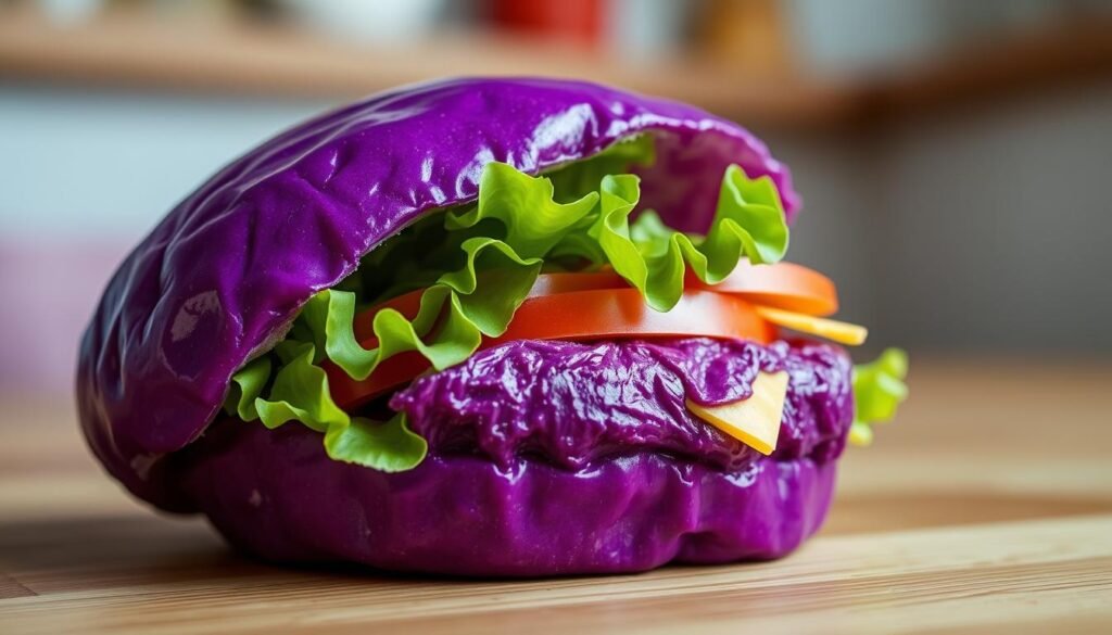 A close-up of a vibrant purple bun, showcasing its glossy, slightly textured surface. The bun is split in half to reveal a colorful assortment of fresh ingredients inside, including crisp lettuce, slices of juicy tomato, and melted cheese, all arranged carefully to highlight their appetizing contrast against the purple. The scene is well-lit with soft, diffused lighting that accentuates the bun's rich color and the freshness of the ingredients. Set against a blurred backdrop of a kitchen table with subtle hints of natural wood grain, the ambiance is inviting and whimsical. The angle is slightly above the bun, focusing on the details of the ingredients while maintaining an overall enticing view of this limited-edition creation. The mood is vibrant and playful, perfect for showcasing a unique culinary innovation. A close-up of a vibrant purple bun, showcasing its glossy, slightly textured surface. The bun is split in half to reveal a colorful assortment of fresh ingredients inside, including crisp lettuce, slices of juicy tomato, and melted cheese, all arranged carefully to highlight their appetizing contrast against the purple. The scene is well-lit with soft, diffused lighting that accentuates the bun's rich color and the freshness of the ingredients. Set against a blurred backdrop of a kitchen table with subtle hints of natural wood grain, the ambiance is inviting and whimsical. The angle is slightly above the bun, focusing on the details of the ingredients while maintaining an overall enticing view of this limited-edition creation. The mood is vibrant and playful, perfect for showcasing a unique culinary innovation.