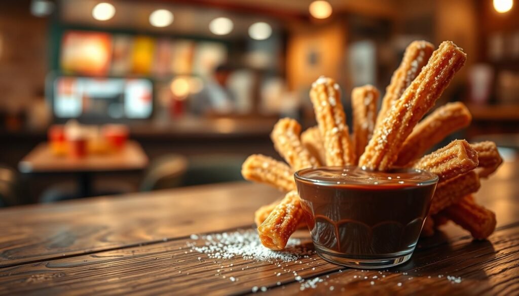 A close-up of churro fries placed elegantly on a rustic wooden table, showcasing their crispy, golden-brown texture, lightly coated with cinnamon sugar. In the foreground, a small bowl of rich chocolate dip sits invitingly beside the churro fries, with a sprinkle of powdered sugar dusted over them for added allure. The middle ground features a blurred, warm kitchen environment, with soft, ambient lighting creating a cozy atmosphere, emphasizing the dessert's appeal. The background displays a faint glimpse of a busy fast-food restaurant, adding a touch of authenticity to the scene. The mood is warm and inviting, perfect for indulgence, conveying the delicious fusion of flavors as the dessert is prepared and served. A close-up of churro fries placed elegantly on a rustic wooden table, showcasing their crispy, golden-brown texture, lightly coated with cinnamon sugar. In the foreground, a small bowl of rich chocolate dip sits invitingly beside the churro fries, with a sprinkle of powdered sugar dusted over them for added allure. The middle ground features a blurred, warm kitchen environment, with soft, ambient lighting creating a cozy atmosphere, emphasizing the dessert's appeal. The background displays a faint glimpse of a busy fast-food restaurant, adding a touch of authenticity to the scene. The mood is warm and inviting, perfect for indulgence, conveying the delicious fusion of flavors as the dessert is prepared and served.