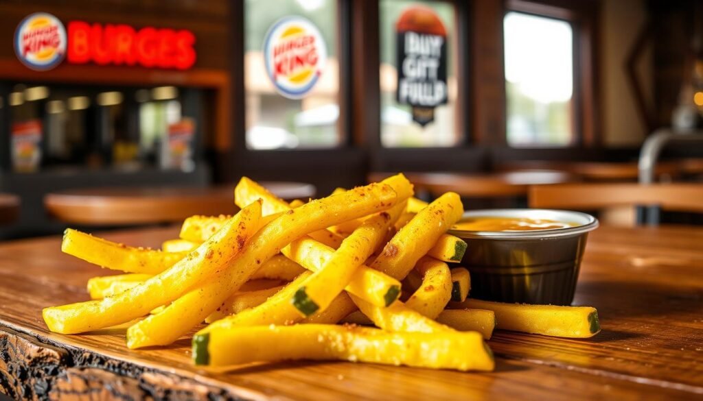 A close-up of fresh, crispy King Pickle Fries arranged artistically on a rustic wooden table. The fries, coated in a flavorful seasoning, glisten with a light sheen, showcasing their enticing green hue. In the background, a blurry image of a Burger King restaurant can be seen, adding context without detracting from the main focus. Natural sunlight pours in from a nearby window, casting soft shadows that enhance the texture of the fries. A small bowl of tangy dipping sauce, elegantly placed beside the fries, invites the viewer to taste. The atmosphere is warm and vibrant, evoking a sense of excitement and appetite, capturing the essence of experiencing this new menu item.
