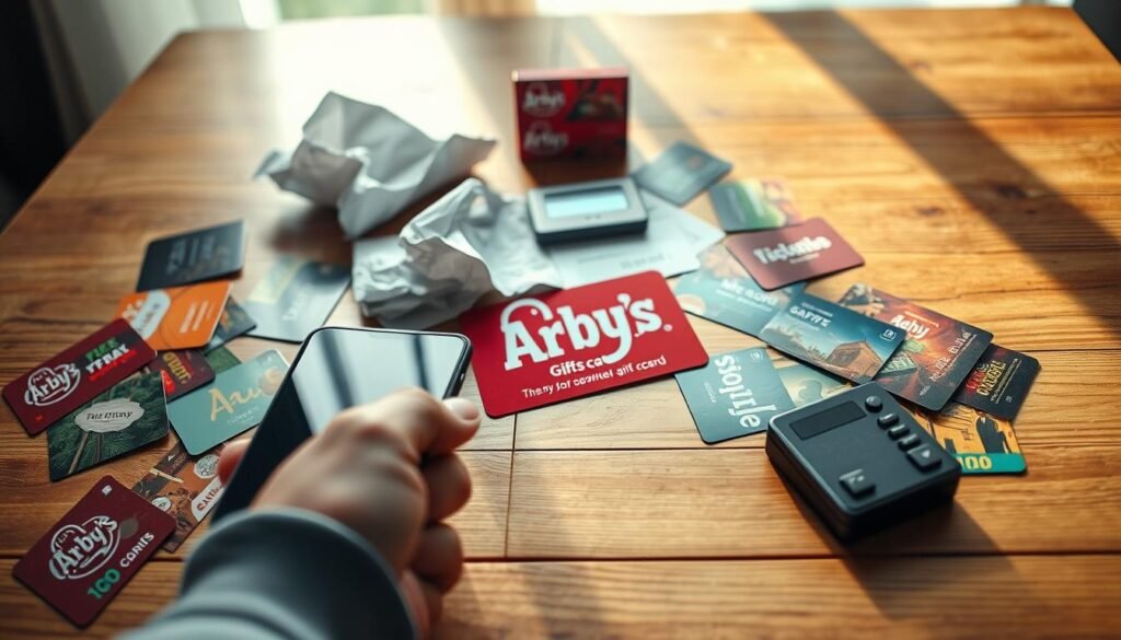 A close-up of used gift cards scattered on a wooden surface, showcasing different brands with a focus on an Arby's gift card prominently in the center. The foreground should feature a hand holding a smartphone, checking the balance of the gift card, with a slight reflection on the phone screen. The middle layer includes crumpled receipts and a small calculator to signify financial considerations. In the background, soft natural light filters through a window, casting gentle shadows across the scene, creating a warm, inviting atmosphere. The overall mood should convey the notion of careful management and awareness of card usage limitations, framed in a cozy, homey setting.
