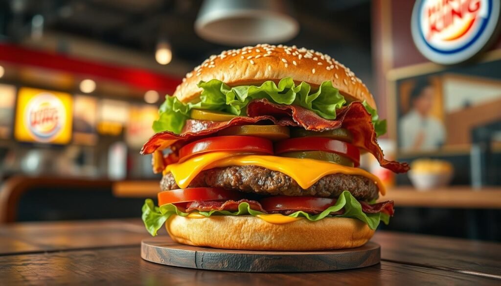 A close-up shot of a beautifully customized Burger King Double Whopper, presented on a rustic wooden table. The Double Whopper features layers of juicy beef patties, fresh lettuce, ripe tomatoes, crispy bacon, pickles, and melted cheese, all nestled in a sesame seed bun. In the background, a soft-focus glimpse of a Burger King restaurant enhances the fast-food vibe. The lighting is warm and inviting, creating a mouth-watering atmosphere, with a slight overhead light to bring out the textures of the toppings. The angle is slightly tilted, highlighting the burger's height and the vibrant colors of the ingredients. No people are visible, ensuring the focus remains on the burger itself.