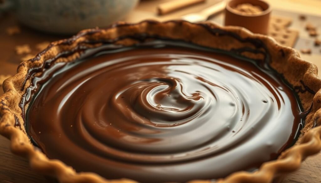 A close-up shot of luscious chocolate pie filling, rich and glossy, filling a deep dish pie crust. The foreground should capture the smooth, creamy texture of the filling, glistening under soft, warm kitchen lighting, evoking a feeling of warmth and indulgence. In the middle ground, a partially finished pie sits on a rustic wooden countertop, with a few graham cracker crumbs scattered around to create a homely cooking atmosphere. In the background, there are hints of kitchen utensils and cocoa powder dusting a nearby surface, softly blurred to keep the focus on the filling. The overall mood is inviting and delicious, designed to showcase the tempting nature of this dessert in a cozy setting.