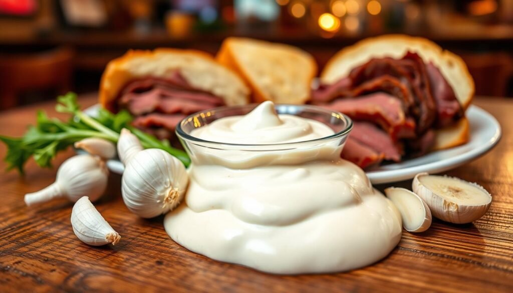 A close-up view of a beautifully arranged plate featuring a generous dollop of Arby's Horsey Sauce, with its signature creamy, white texture. In the foreground, a rustic wooden table sets the stage, while fresh horseradish roots and garlic cloves are artistically placed nearby to emphasize the sauce's key ingredients. In the middle ground, an elegant dipping dish showcases the sauce, surrounded by freshly cut roast beef sandwiches, hinting at its perfect pairing. The background is softly blurred, suggesting a cozy diner atmosphere with warm, ambient lighting, creating a homey and inviting mood. The lens captures detailed textures of the sauce and food, with a focus on enhancing the visual appeal of the culinary creation.