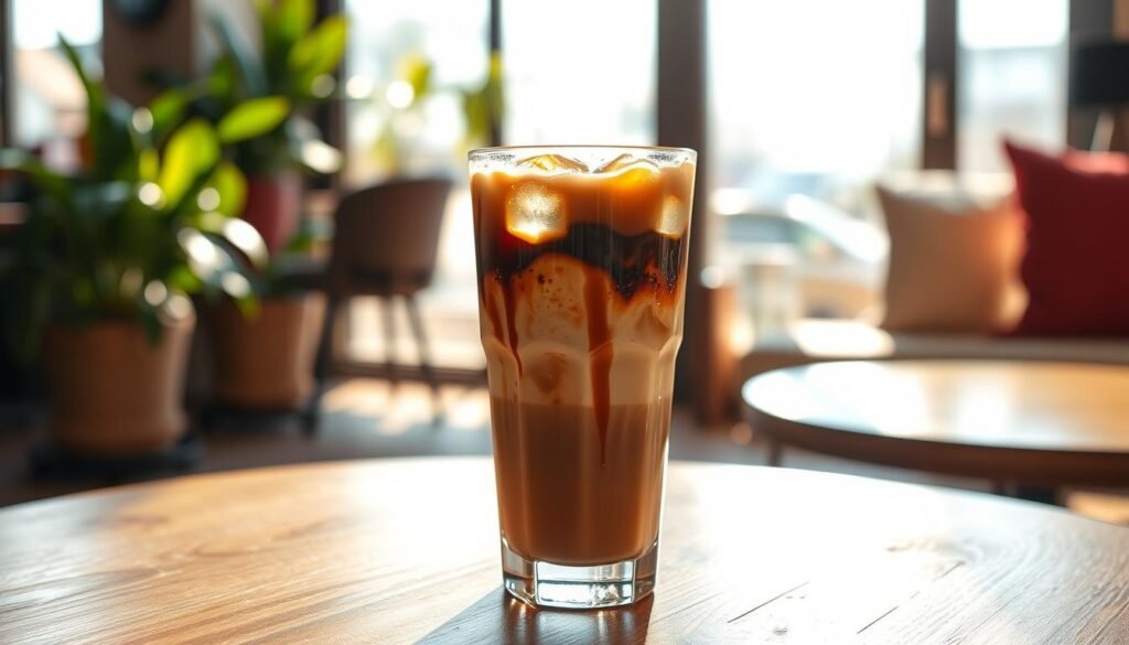 A close-up view of a beautifully crafted iced coffee drink sitting on a wooden table. The drink is served in a modern glass, showcasing layers of rich espresso, creamy milk, and a swirl of caramel drizzle on top. Ice cubes glisten, reflecting the warm, inviting sunlight pouring in through a nearby window. In the background, a softly blurred coffee shop setting is visible, with cozy seating and lush greenery peeking from potted plants. The atmosphere exudes relaxation and freshness, perfect for a coffee lover's delight. The image is shot with a shallow depth of field to emphasize the drink, creating a warm and inviting ambiance.