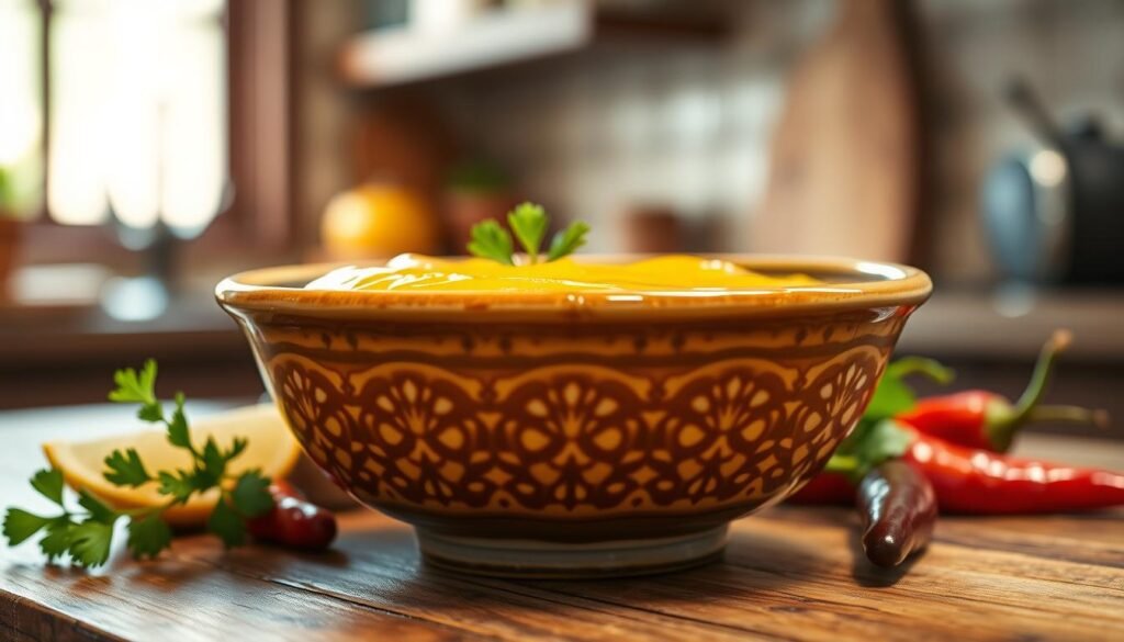 A close-up view of a beautifully crafted sauce bowl sitting on a rustic wooden countertop. The bowl is ceramic with a glossy finish, featuring intricate patterns that catch the light. Inside the bowl, a generous amount of bright yellow zesty sauce glistens, invitingly thick and creamy. Surrounding the bowl are fresh ingredients – a sprig of parsley, a slice of lemon, and a few chili peppers that hint at the sauce's flavor profile. The background showcases a softly blurred kitchen scene with warm, natural light filtering through a window, creating a cozy and inviting atmosphere. The focus is sharp on the sauce bowl, emphasizing its textures, while the soft bokeh adds depth. The mood is vibrant and appetizing, perfect for a culinary context.
