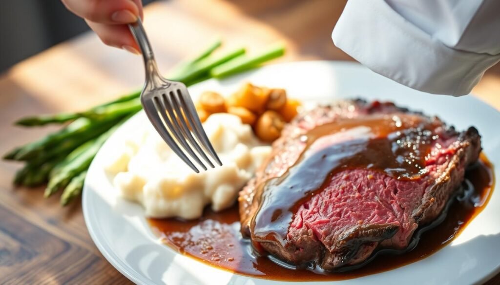 A close-up view of a beautifully plated roast beef entrée, glistening with a rich, savory gravy. The meat is medium-rare, showcasing its juicy and tender texture. Surrounding the roast beef are colorful side dishes, including vibrant green asparagus and creamy mashed potatoes with a hint of garlic. In the foreground, a hand, clad in a crisp white shirt sleeve, delicately reaches for a fork, emphasizing the decision-making process of choosing this entrée. Soft, natural lighting from above casts gentle shadows, creating a warm and inviting atmosphere. In the background, a rustic wooden table enhances the homey feel of a comforting dining experience. The overall mood is one of anticipation and satisfaction, inviting viewers to savor the moment.