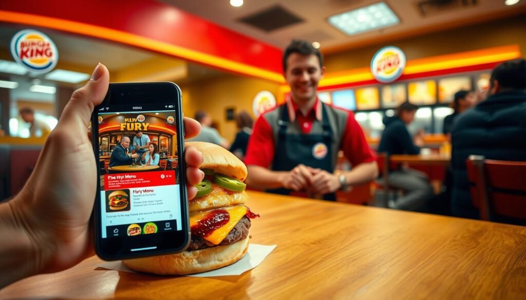 A close-up view of a cheeseburger with fiery toppings, such as spicy jalapeños and a smoky sauce, placed on a classic Burger King table. In the foreground, a hand holding a smartphone shows a menu app with the new Fiery Menu displayed. The middle ground features a friendly employee wearing a Burger King uniform, smiling as they take an order from a customer at the counter. The background showcases the lively atmosphere of a Burger King restaurant, with bright lighting highlighting the red and yellow décor. A few patrons can be seen enjoying their meals, creating a warm and inviting ambiance. The overall mood is energetic and exciting, suggesting a fun dining experience.