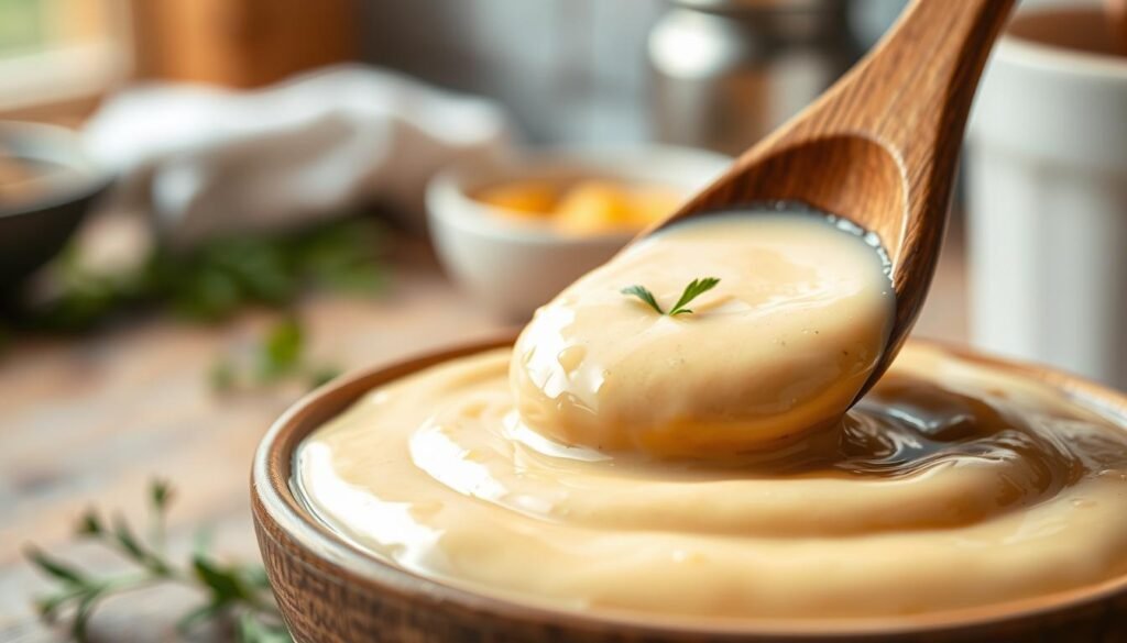 A close-up view of a creamy sauce with a rich, velvety consistency, showcasing its thick, smooth texture. The sauce is a vibrant light beige with glistening droplets that catch the light, placed in a small ceramic bowl. In the foreground, a wooden spoon rests gently against the bowl, partially dipped into the sauce, suggesting its delightful use in a dish. The middle ground features delicate herbs scattered around, adding a touch of greenery. The background is softly blurred, representing a rustic kitchen setting with warm, natural lighting that creates an inviting atmosphere. The overall mood is appetizing and vibrant, evoking the desire to taste the zesty flavors of the sauce.