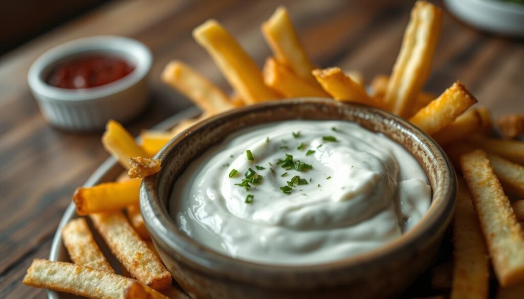 A close-up view of a creamy, thick Hidden Valley Ranch dip in a rustic ceramic bowl, styled for a gourmet presentation. Surround the bowl with crispy golden fries, artfully arranged to invite dipping. In the background, a wooden table enhances the cozy, casual atmosphere of a fast-food experience. Soft, diffused lighting casts gentle shadows, highlighting the textures of the ranch dip and fries, creating a mouthwatering appeal. Capture the scene from a slightly elevated angle, focusing on the vibrant green herbs sprinkled on top of the dip that hint at its fresh flavor. The mood is inviting and savory, perfect for enhancing the enjoyment of spicy foods, with no distractions in the frame, ensuring a clean, appetizing visual. A close-up view of a creamy, thick Hidden Valley Ranch dip in a rustic ceramic bowl, styled for a gourmet presentation. Surround the bowl with crispy golden fries, artfully arranged to invite dipping. In the background, a wooden table enhances the cozy, casual atmosphere of a fast-food experience. Soft, diffused lighting casts gentle shadows, highlighting the textures of the ranch dip and fries, creating a mouthwatering appeal. Capture the scene from a slightly elevated angle, focusing on the vibrant green herbs sprinkled on top of the dip that hint at its fresh flavor. The mood is inviting and savory, perfect for enhancing the enjoyment of spicy foods, with no distractions in the frame, ensuring a clean, appetizing visual.