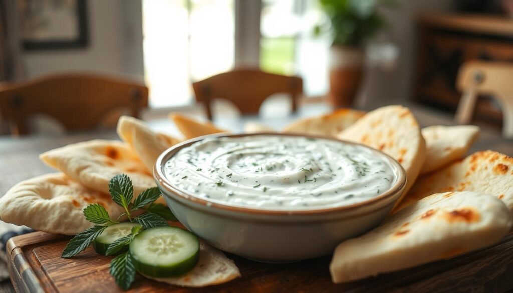 A close-up view of a creamy tzatziki sauce in a traditional bowl, showcasing its rich, thick texture with visible flecks of fresh cucumber and dill. The sauce is surrounded by fresh pita bread, lightly toasted, sitting elegantly on a wooden cutting board. In the background, a rustic table is set with soft, diffused natural light filtering in from a nearby window, creating a warm and inviting atmosphere. A few sprigs of mint and slices of cucumber are artistically arranged around the bowl to enhance the vibrant colors. Capture this scene using a shallow depth of field to focus on the tzatziki sauce while softly blurring the background, emphasizing the dish's freshness and appeal.