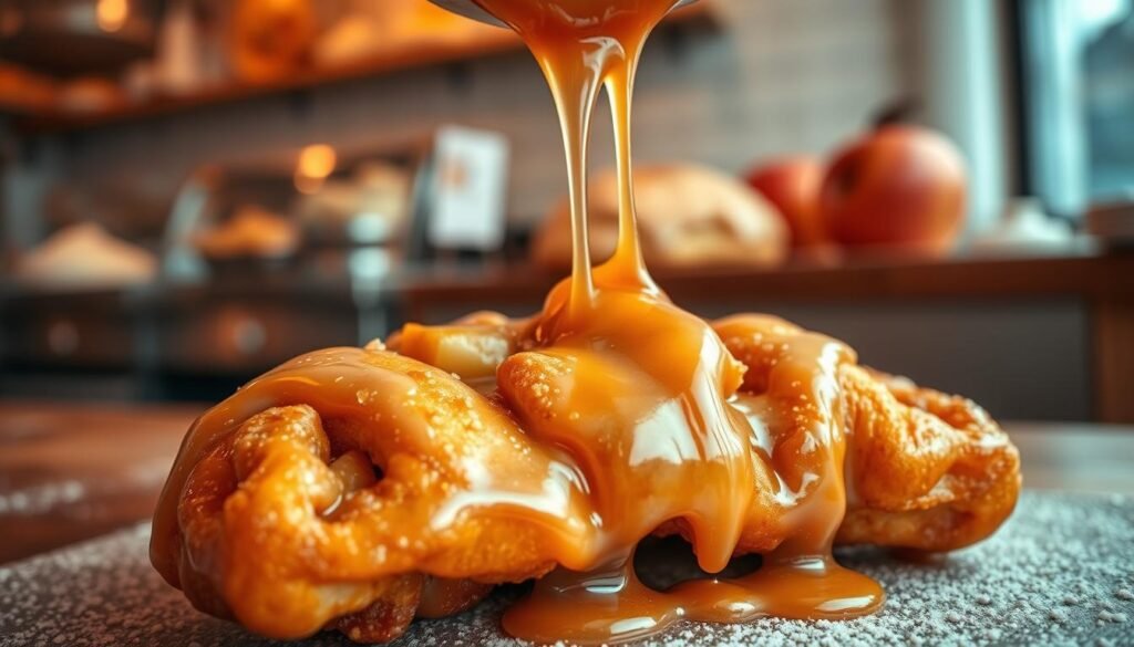 A close-up view of a delicious apple fritter being generously drizzled with a glossy, thick glaze, showcasing its enticing golden-brown texture and vibrant apple chunks peeking through the fried dough. In the foreground, the glaze cascades smoothly over the fritter, glistening under warm, diffused natural light that highlights its sheen. The middle ground features a soft-focus bakery setting, with hints of flour-dusted countertops and other pastry delights in the background. The atmosphere exudes warmth and nostalgia, reminiscent of a cozy café environment, inviting viewers to indulge in a sweet treat. The lens captures the scene from a slightly elevated angle, emphasizing the delectable details while maintaining a soft bokeh effect in the background. A close-up view of a delicious apple fritter being generously drizzled with a glossy, thick glaze, showcasing its enticing golden-brown texture and vibrant apple chunks peeking through the fried dough. In the foreground, the glaze cascades smoothly over the fritter, glistening under warm, diffused natural light that highlights its sheen. The middle ground features a soft-focus bakery setting, with hints of flour-dusted countertops and other pastry delights in the background. The atmosphere exudes warmth and nostalgia, reminiscent of a cozy café environment, inviting viewers to indulge in a sweet treat. The lens captures the scene from a slightly elevated angle, emphasizing the delectable details while maintaining a soft bokeh effect in the background.