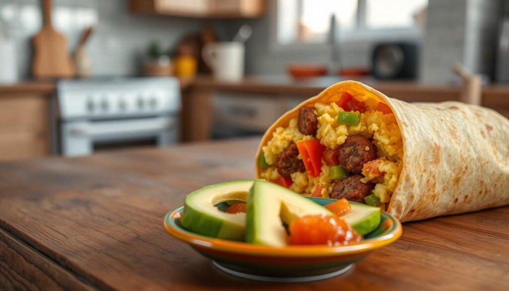 A close-up view of a delicious breakfast burrito resting on a rustic wooden table. The burrito is stuffed with fluffy scrambled eggs, savory breakfast sausage, colorful bell peppers, and shredded cheese, with a satisfying golden-brown tortilla wrapping. In the foreground, a small, vibrant plate holds a side of fresh salsa and sliced avocado, accentuating the dish's vibrant colors. The background features a softly blurred kitchen setting, suggesting a warm and inviting morning atmosphere. The scene is illuminated by soft, natural morning light filtering in through a window, casting gentle shadows. The overall mood is cozy and appetizing, inviting the viewer to savor the enticing flavors and textures of a hearty breakfast.
