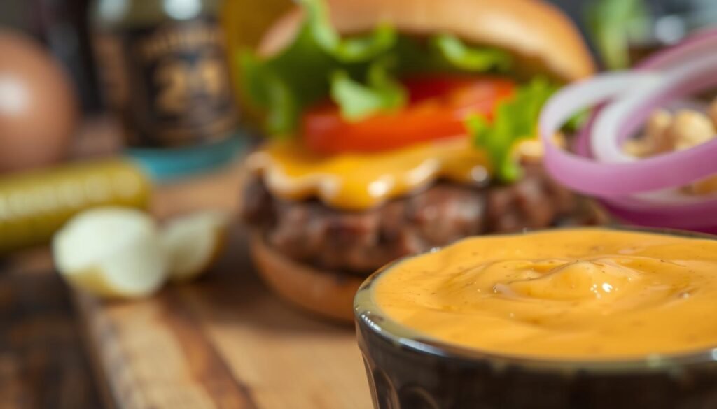 A close-up view of a delicious burger sauce in a small bowl, with a creamy, slightly orange hue and flecks of spices giving it texture. The foreground features the sauce with a shiny, glossy surface, invitingly glistening under soft natural lighting. In the middle, a fresh burger patty is partially visible, garnished with crisp lettuce and vibrant tomato slices, hinting at its rich flavors. The background blurs softly, showing a rustic wooden table and some ingredients like pickles and onions that add context to the scene. The atmosphere is warm and appetizing, ideal for evoking a craving for burgers, with a depth of field that focuses on the sauce while the background remains subtly out of focus.