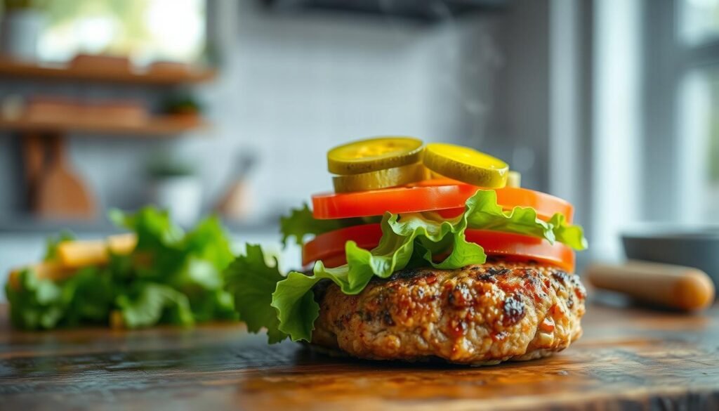 A close-up view of a delicious plant-based patty, beautifully grilled and garnished with fresh lettuce, juicy tomato slices, and tangy pickles. In the foreground, the patty is set on a rustic wooden table, with steam gently rising to suggest warmth and freshness. The middle of the image focuses on the vibrant colors of the ingredients, showcasing the rich texture of the plant-based patty with a light glaze that enhances its appeal. The background features a subtle blurred effect of a modern kitchen, with soft, natural light streaming in through a window, creating an inviting and wholesome atmosphere. The overall mood is appetizing and healthy, ideal for showcasing the essence of a veggie burger in a fresh and appealing manner. A close-up view of a delicious plant-based patty, beautifully grilled and garnished with fresh lettuce, juicy tomato slices, and tangy pickles. In the foreground, the patty is set on a rustic wooden table, with steam gently rising to suggest warmth and freshness. The middle of the image focuses on the vibrant colors of the ingredients, showcasing the rich texture of the plant-based patty with a light glaze that enhances its appeal. The background features a subtle blurred effect of a modern kitchen, with soft, natural light streaming in through a window, creating an inviting and wholesome atmosphere. The overall mood is appetizing and healthy, ideal for showcasing the essence of a veggie burger in a fresh and appealing manner.